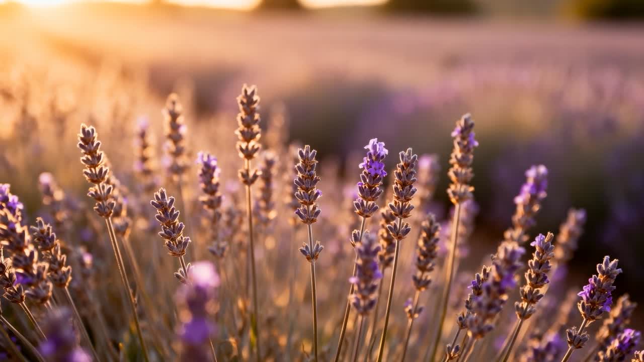 Steli di lavanda ondeggianti che si muovono al cambiare della messa a fuoco della camera e alla brezza in un campo di lavanda, sole dorato