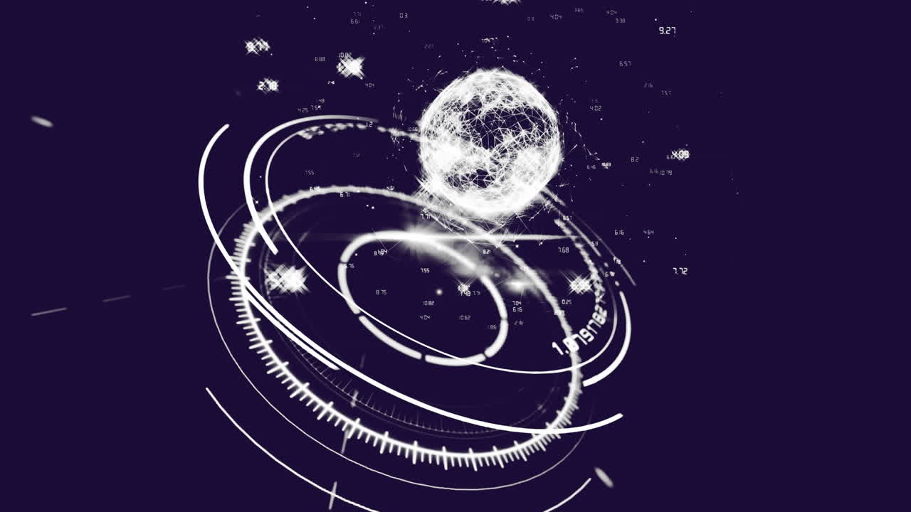 Animation of globe of network of connections over round scanner against blue background