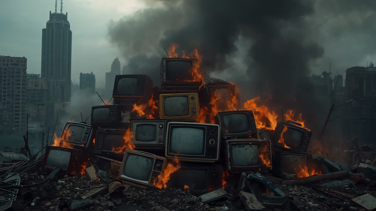 Flickering flames igniting CRT television pyramid burning in scrapyard, billowing thick dark smoke