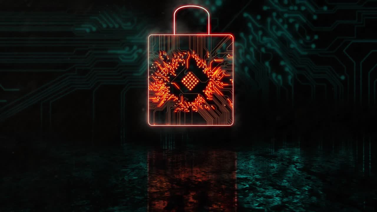 Animation of glowing orange security padlock over blue processor socket
