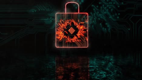 animación de un candado de seguridad naranja brillante sobre el enchufe del procesador azul