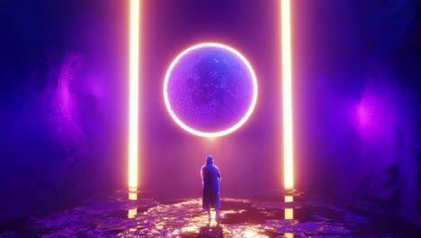 Person admiring neon planet. Sci-Fi scene, 3d animation