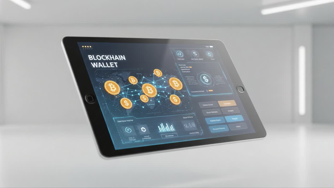 Exploring the Future of Finance: A Digital Tablet Displaying a Blockchain Wallet Interface with Cryptocurrency Visualizations and Financial Metrics