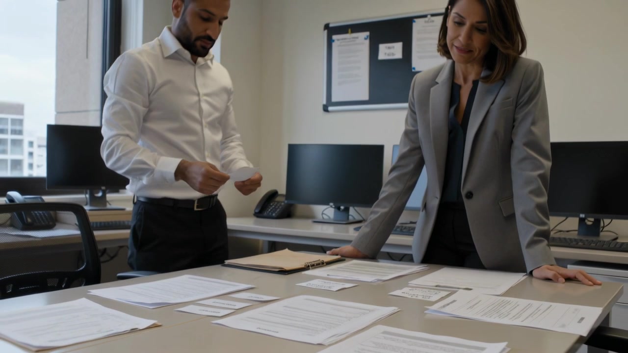 Hombre con camisa blanca señalando y mujer con blazer gris organizando tarjetas en una mesa de reuniones, planificando un diseño
