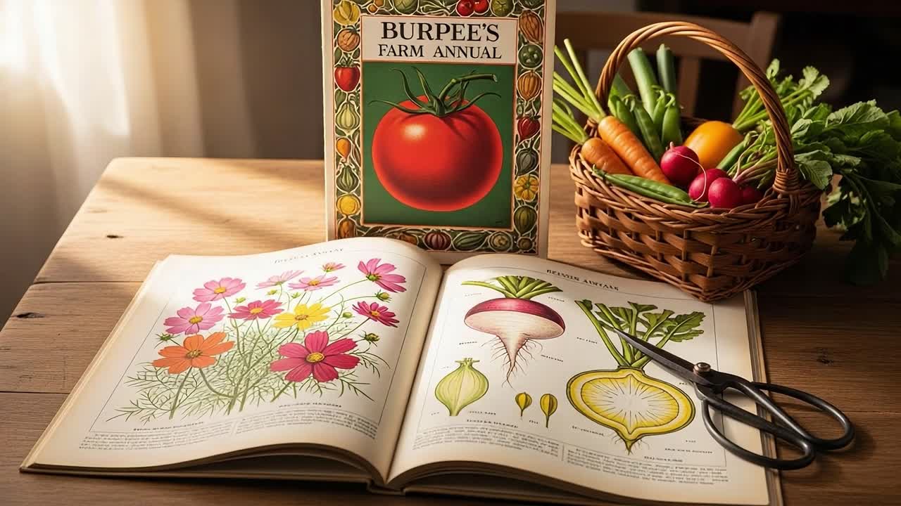 A Vibrant Display of Fresh Vegetables and Flowers with an Illustrated Farm Annual: Exploring Nature's Bounty Through Seasonal Produce and Gardening Knowledge
