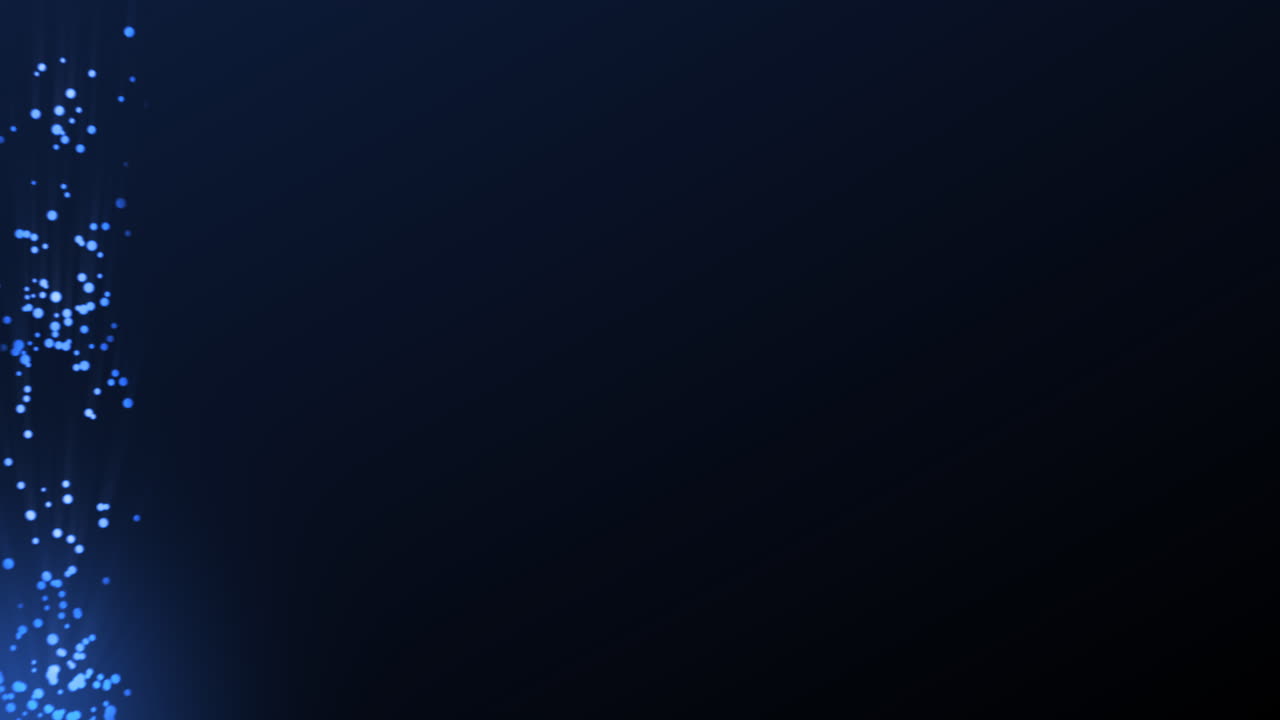 burbujas de partículas azules brillantes fluyen en el lado izquierdo moviéndose arriba y abajo en un gradiente de fondo azul oscuro
