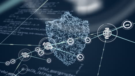 animation of network of connections with icons over security shield