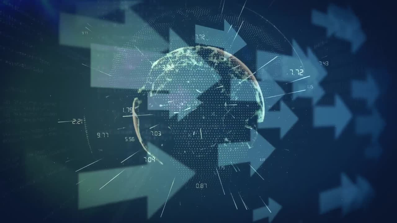 해군 공간에서 회전하는 화살표, 숫자 및 지구의 애니메이션