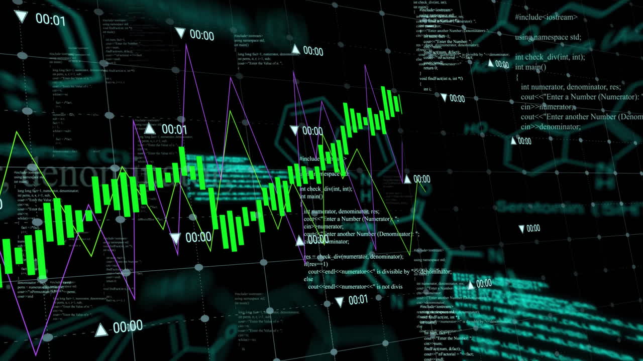 Animation of green chart and data processing over networks on black background