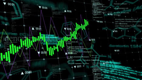 Animation-of-green-chart-and-data-processing-over-networks-on-black-background