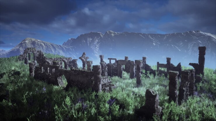 Antiche rovine in un paesaggio montuoso
