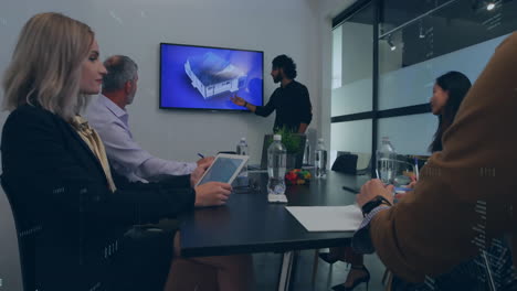 animation of data processing over diverse business people in office
