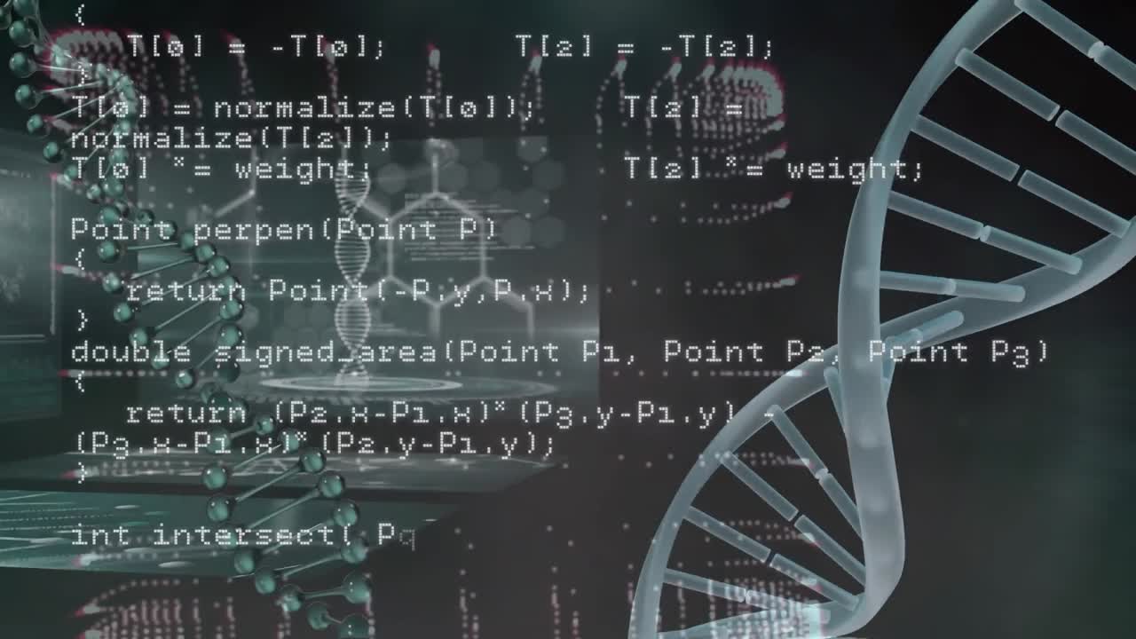 The animation shows data processing over dna strands