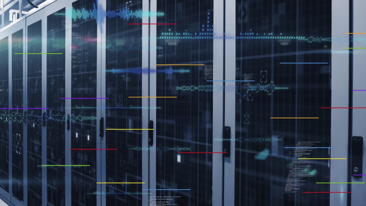 Animation of light spots and data processing against computer server room