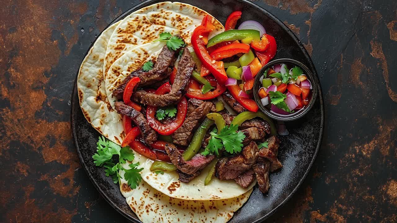 cerrar las fajitas de filete con pimientos y cebollas