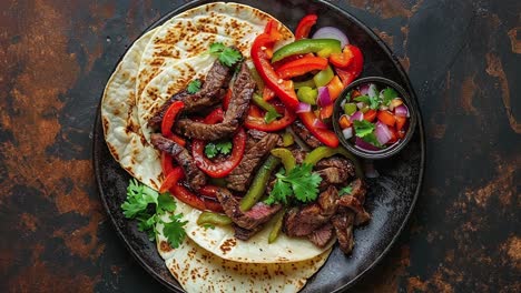 close up of steak fajitas with peppers and onions