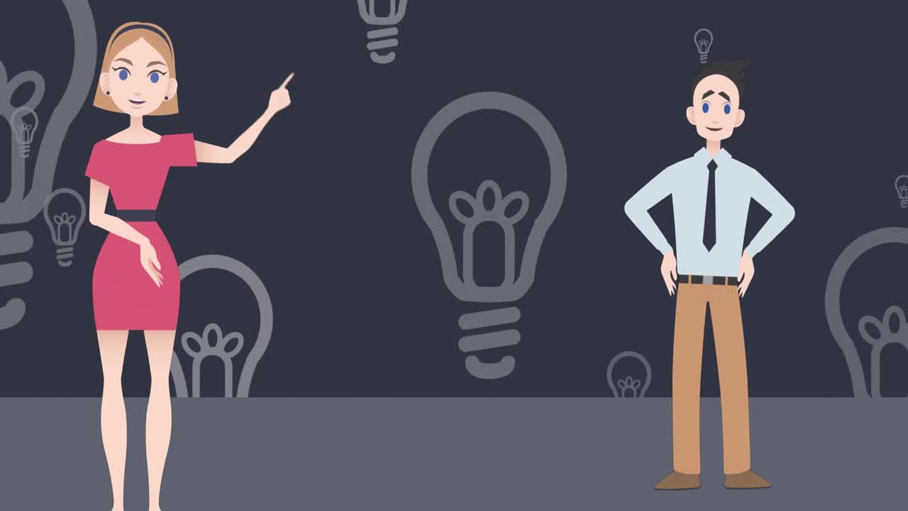 백인 사업가 여성과 사업가들이 검은색 바탕에 프레젠테이션을 하는 애니메이션