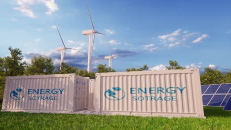 battery storage power station accompanied by solar and wind turbine power plants. new energy concept