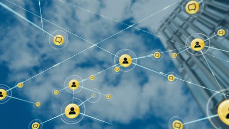 Animation-Eines-Netzwerks-Von-Verbindungen-Mit-Symbolen-über-Dem-Stadtbild