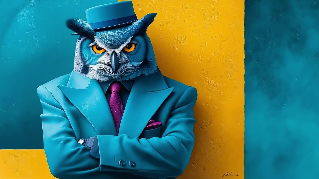 An owl in a suit and hat with his arms crossed