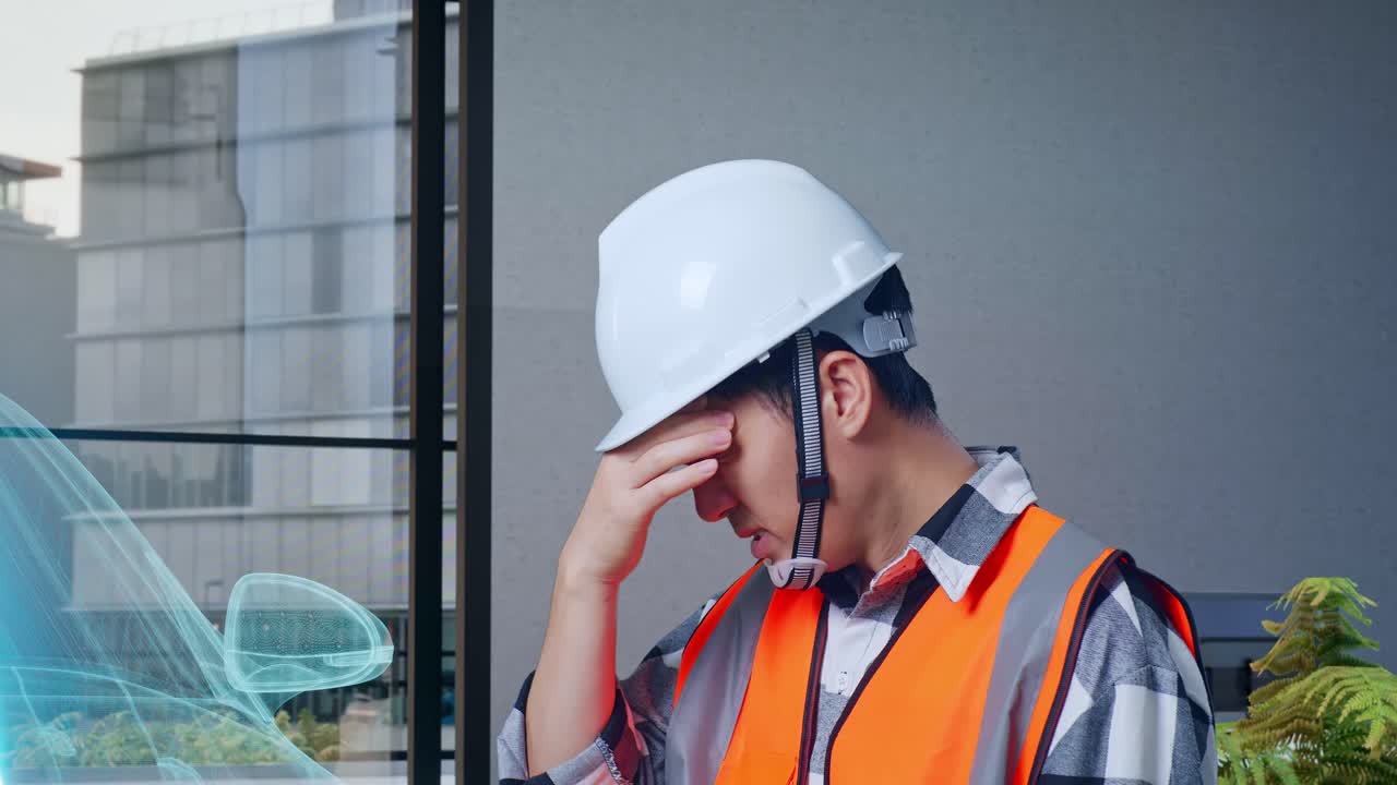 안전 헬을 입은 아시아 남성 엔지니어가 전기 차량, 첨단 기술 산업 시설의 개념을 연구하는 동안 두통을 겪는 가까운 측면 뷰
