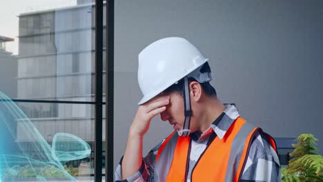 vista lateral de cerca de un ingeniero asiático con casco de seguridad que tiene dolor de cabeza mientras trabaja con el concepto de vehículo eléctrico, instalación industrial de alta tecnología