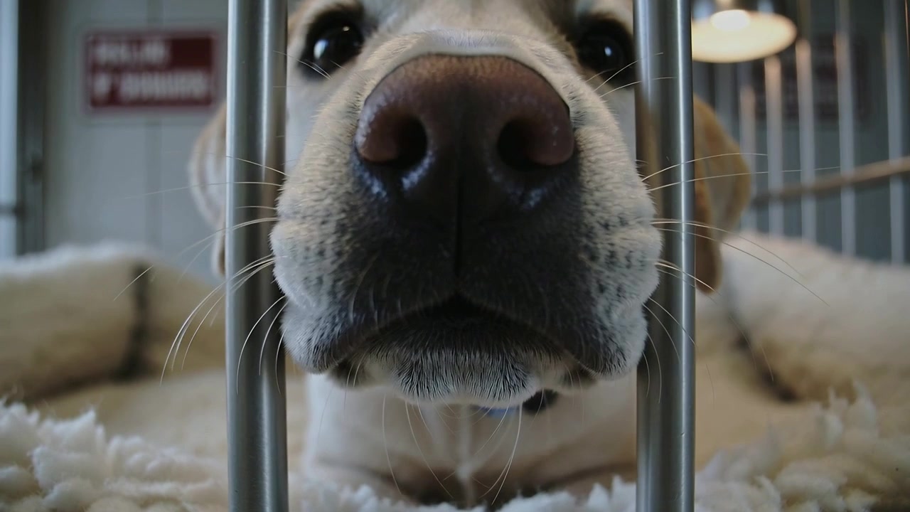 Nuzzling light Lab pressing nose against metal kennel bars at shelter seeking contact on bedding