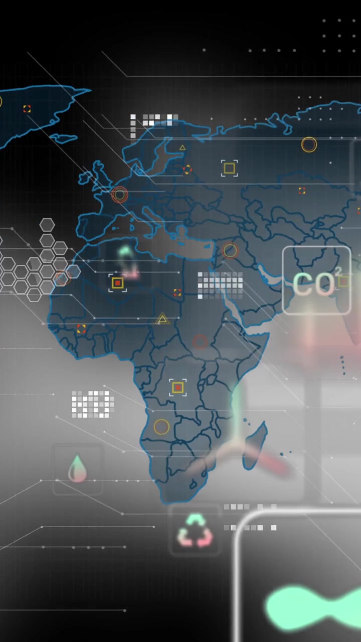 Animation of multiple digital icons and world map against grey gradient background