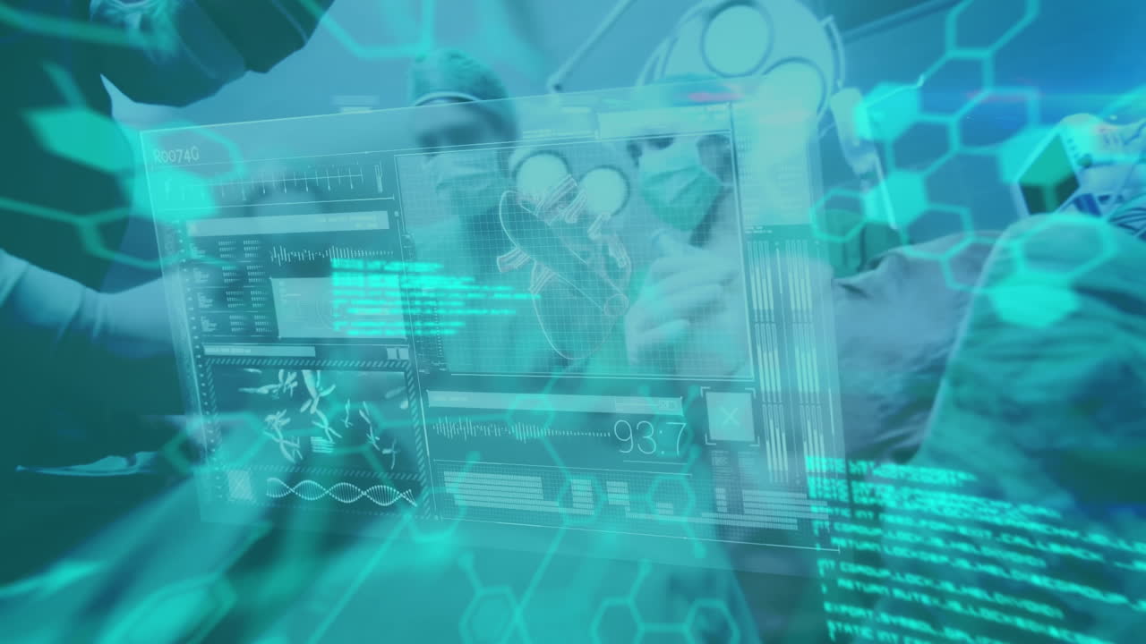 수술실에서 일하는 외과 의사들에 대한 의료 정보와 데이터 처리의 애니메이션