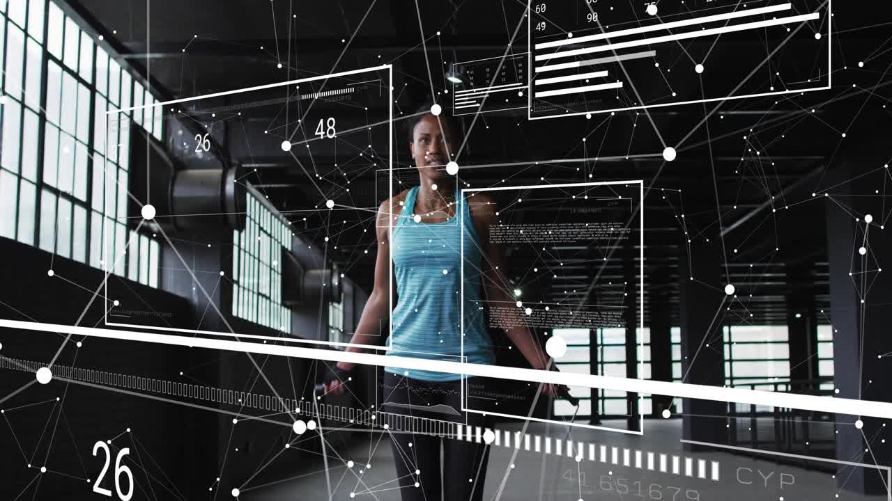 Mid-adult woman starting rope swing and skipping in industrial loft, HUD updating fitness metrics