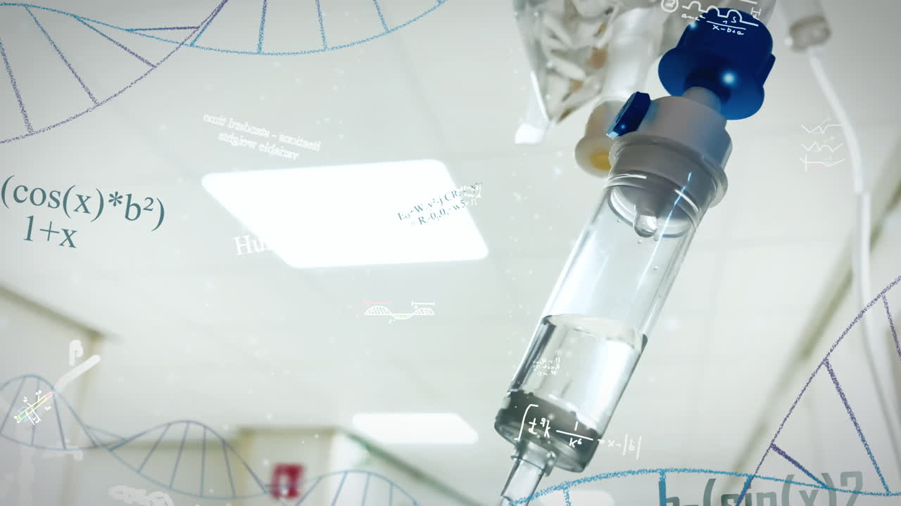 ampolla médica de solución salina en el pasillo del hospital con iconos y fórmulas químicas superpuestas digitalmente