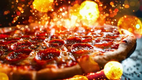 una pizza de pepperoni sentada en la parte superior de una mesa cubierta de fuego
