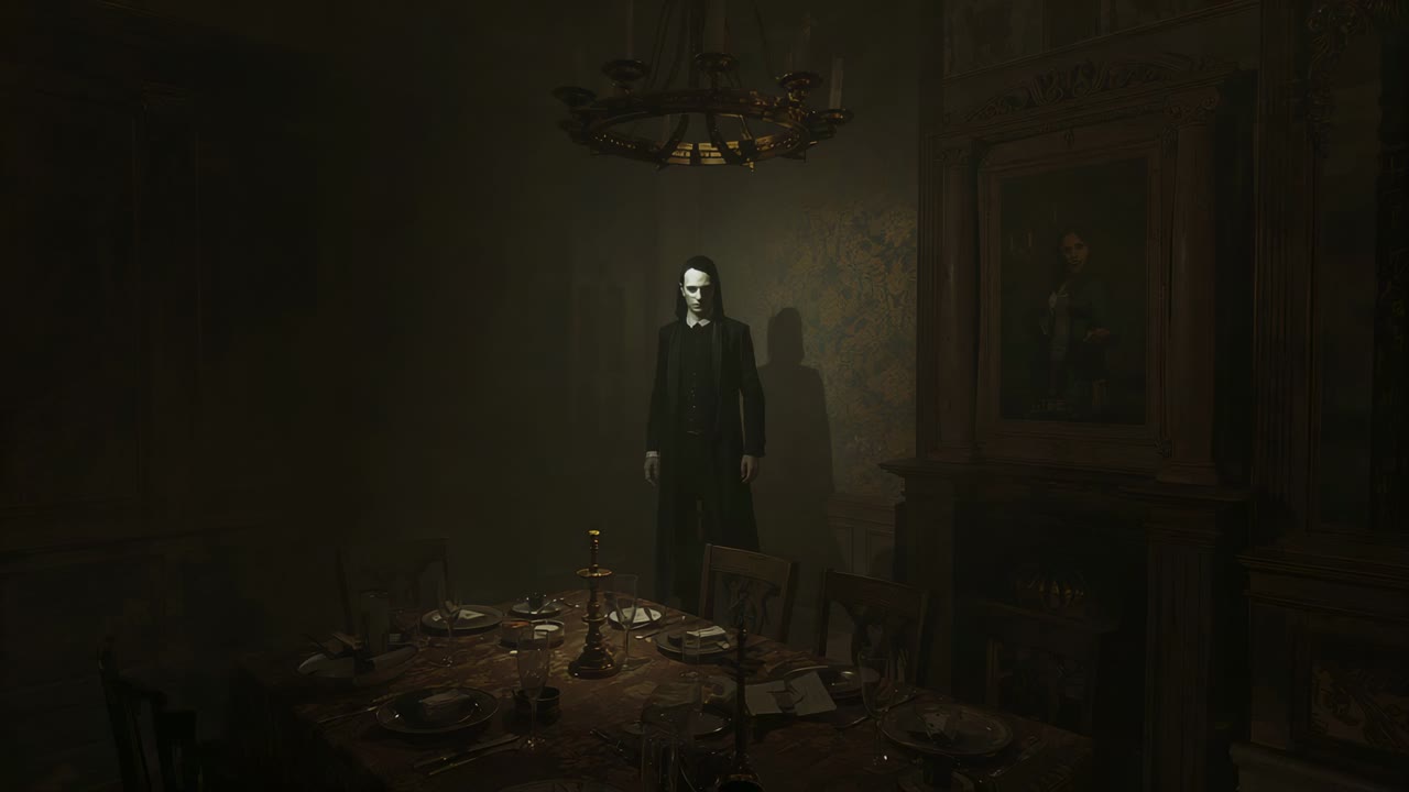 Stepping woman in dark dress moving right past dining room after posture shift, passing candelabrum