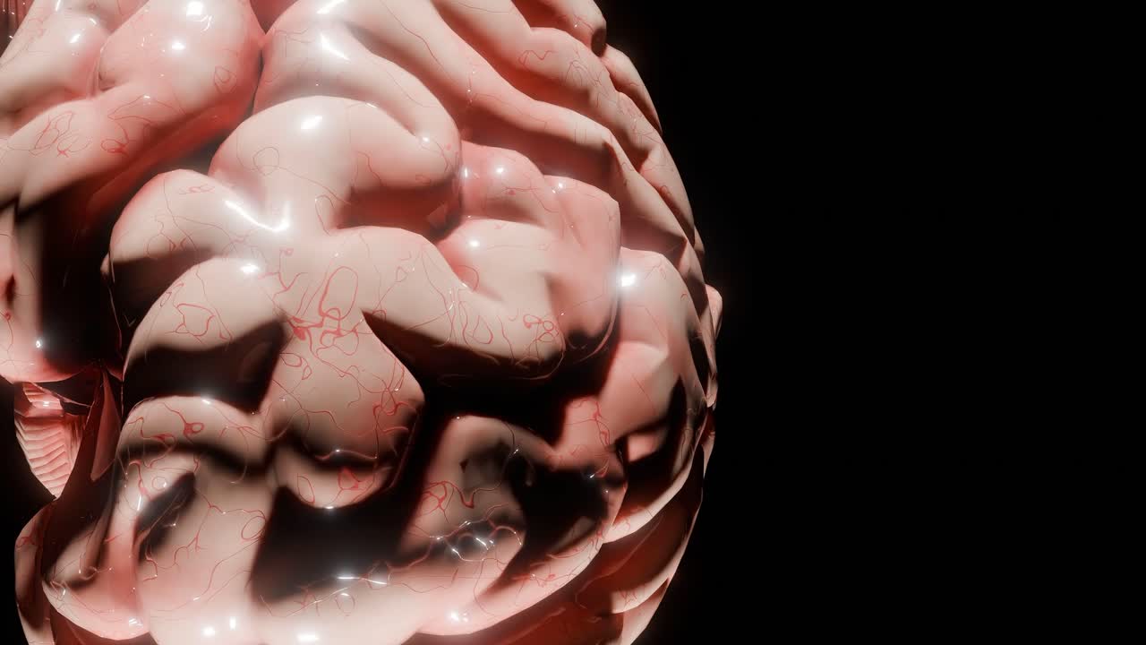 Human brain 3D render showing close-up view of cerebral cortex with lightning-like neural activity. Artificial intelligence and neuroscience concept. vertical