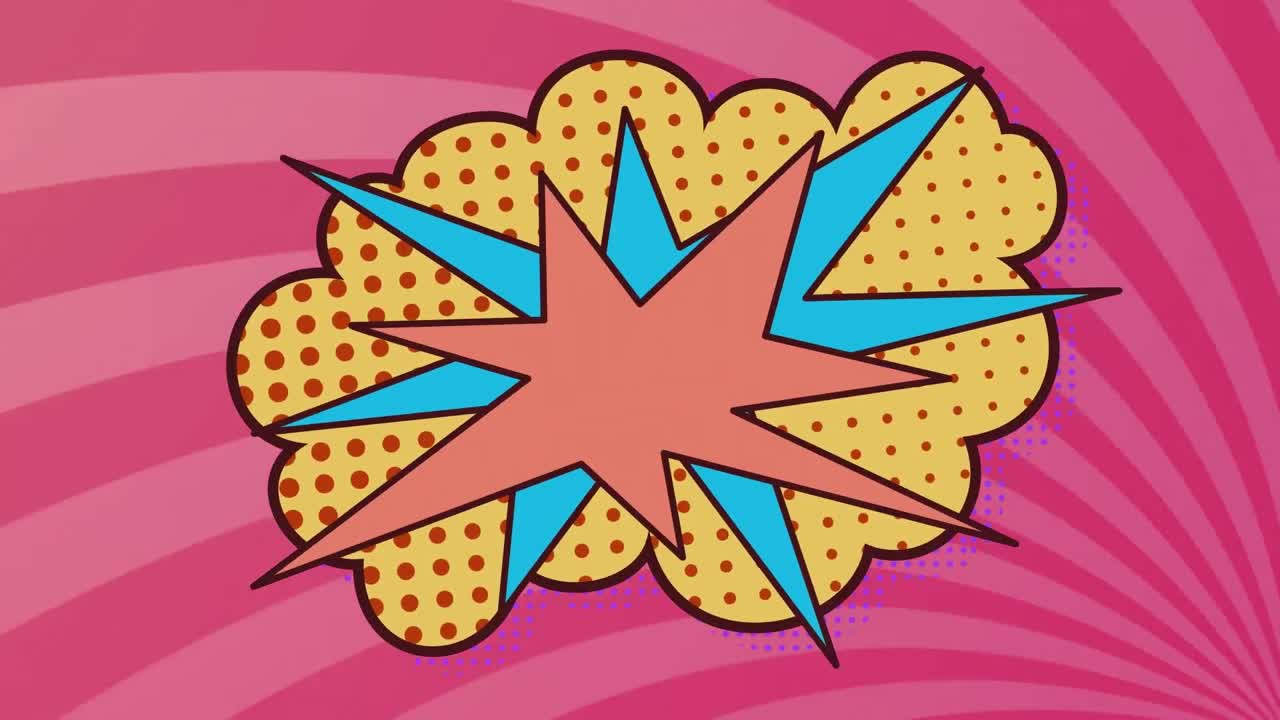 animación de una burbuja de habla retro sobre una nube amarilla con puntos y rayas rosadas