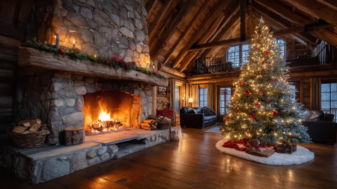 Cozy Winter Retreat Featuring a Warm Fireplace and a Beautifully Decorated Christmas Tree in a Rustic Mountain Lodge Setting