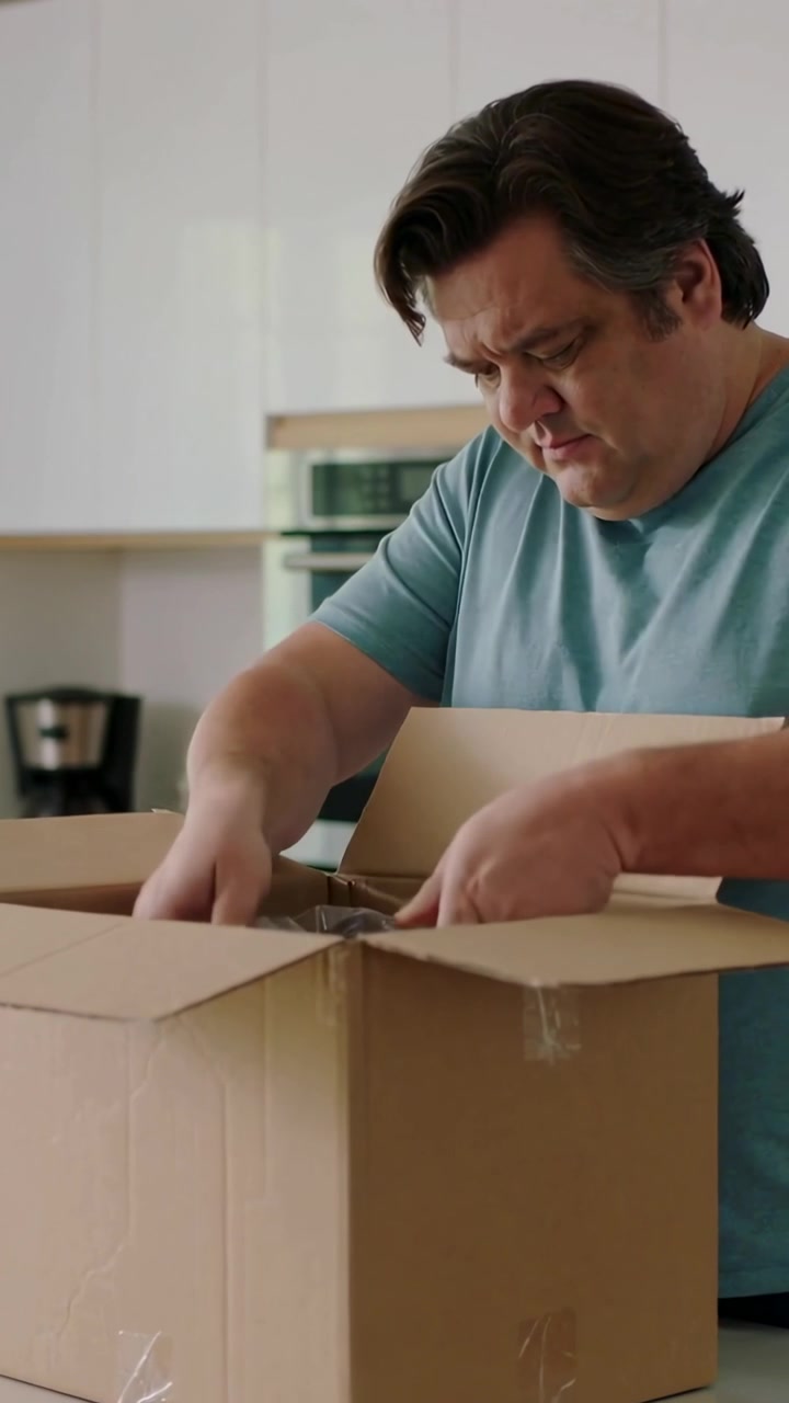 Video vertical: Levantando las solapas, hombre con camisa azul metiendo la mano en una caja en el mostrador revisando un artículo envuelto