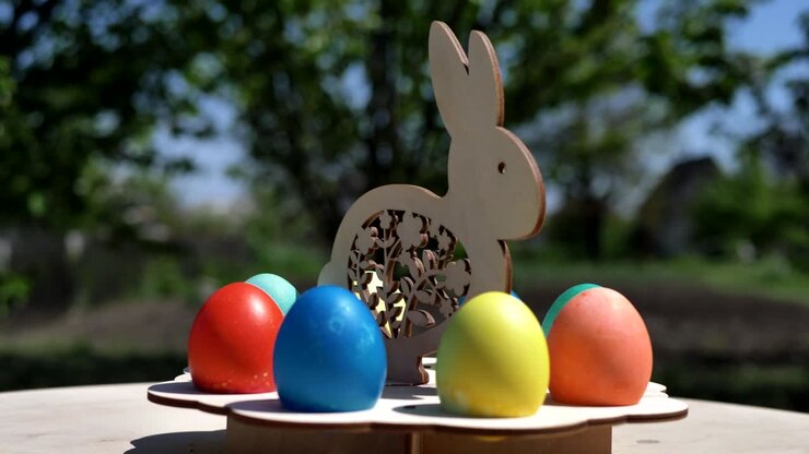 Camera rotation around colored eggs in a wooden Easter stand against the backdrop of a garden. Easter concept. 360 degree arc tracking