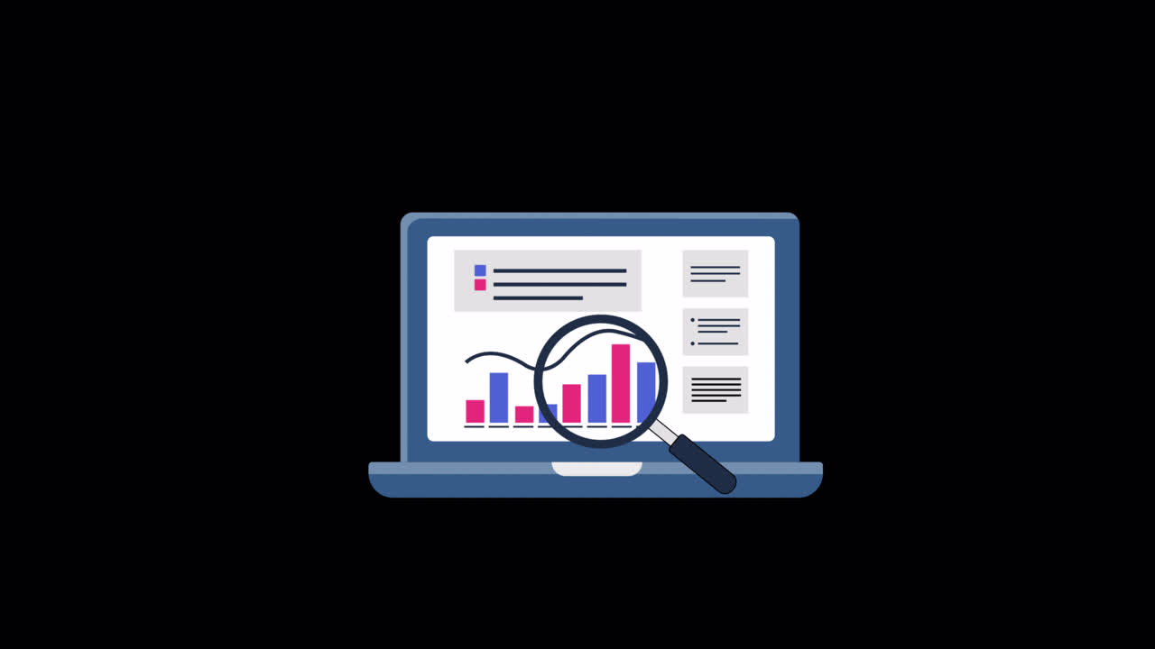 Animated Laptop Screen Showing Data Analysis with Magnifying Glass