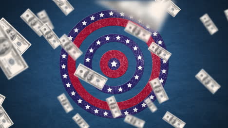 animation of circles spinning with american flag  stars and stripes with american dollar banknotes