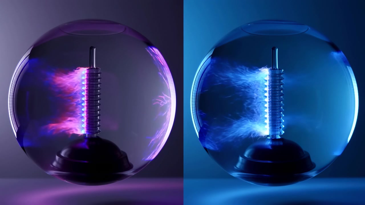 Close-up of two glossy plasma globes side by side, showing colored electric filaments, reflective glass surfaces, vertical electrodes, and dramatic studio lighting in abstract science display