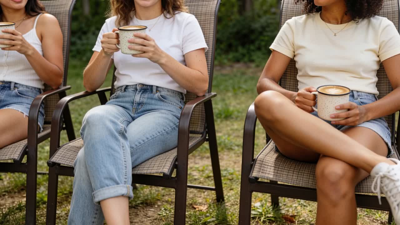 Kvinden i midten justerer grebet i sin hvide t-shirt, smiler og begynder at snakke på græsplænen med nisterede krus.