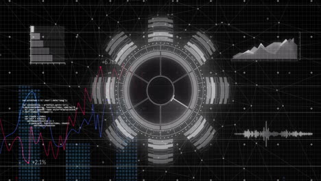 circular data visualization and graphs animation over black grid background