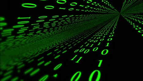 matriz de animación 3d de números binarios verdes en negro que se desplazan hasta el punto de desaparición