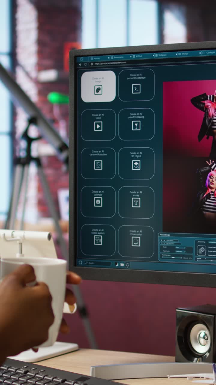 Vertical video Woman at home using AI software turning text prompt into photos, drinking coffee