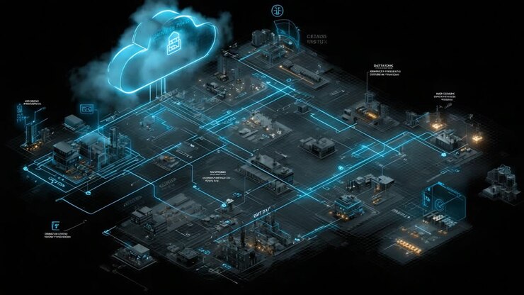 Advanced Industrial Networking: Visualizing Connectivity and Data Flow in a Modern Infrastructure with Centralized Cloud Management and Smart Technology Integration
