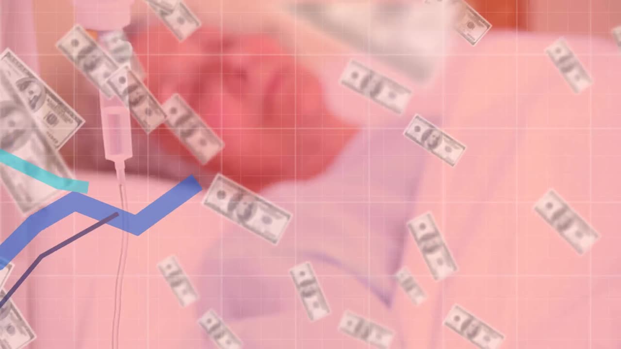 미국 달러 지폐 위에 파란색 선으로 금융 데이터 처리의 애니메이션