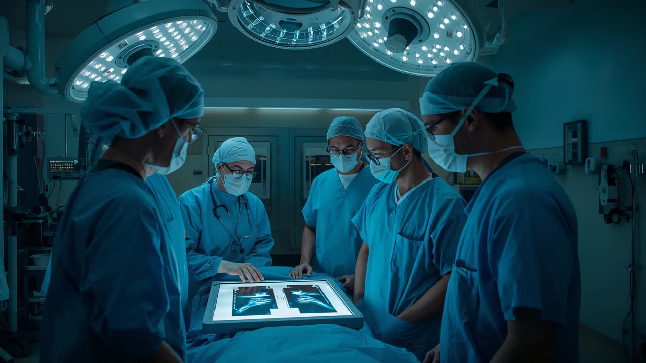 Placing X-rays on lit tray, lead surgeon guiding scrubbed team at operating table, confirming plan