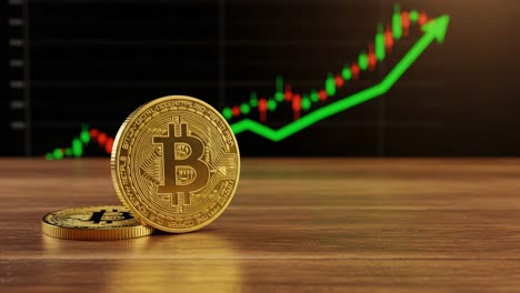 a dynamic visualization of cryptocurrency investment: golden bitcoins amidst a rising graph indicator reflecting success in financial markets