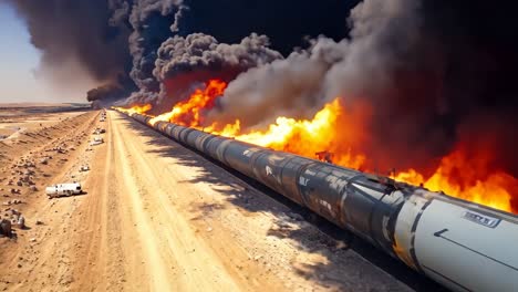 a large pipe on fire in the middle of a desert